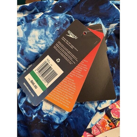 Speedo L Blue Print Drawstring Mock Neck Endurance Lte Long Sleeve Crop Swim Top - Picture 6 of 6